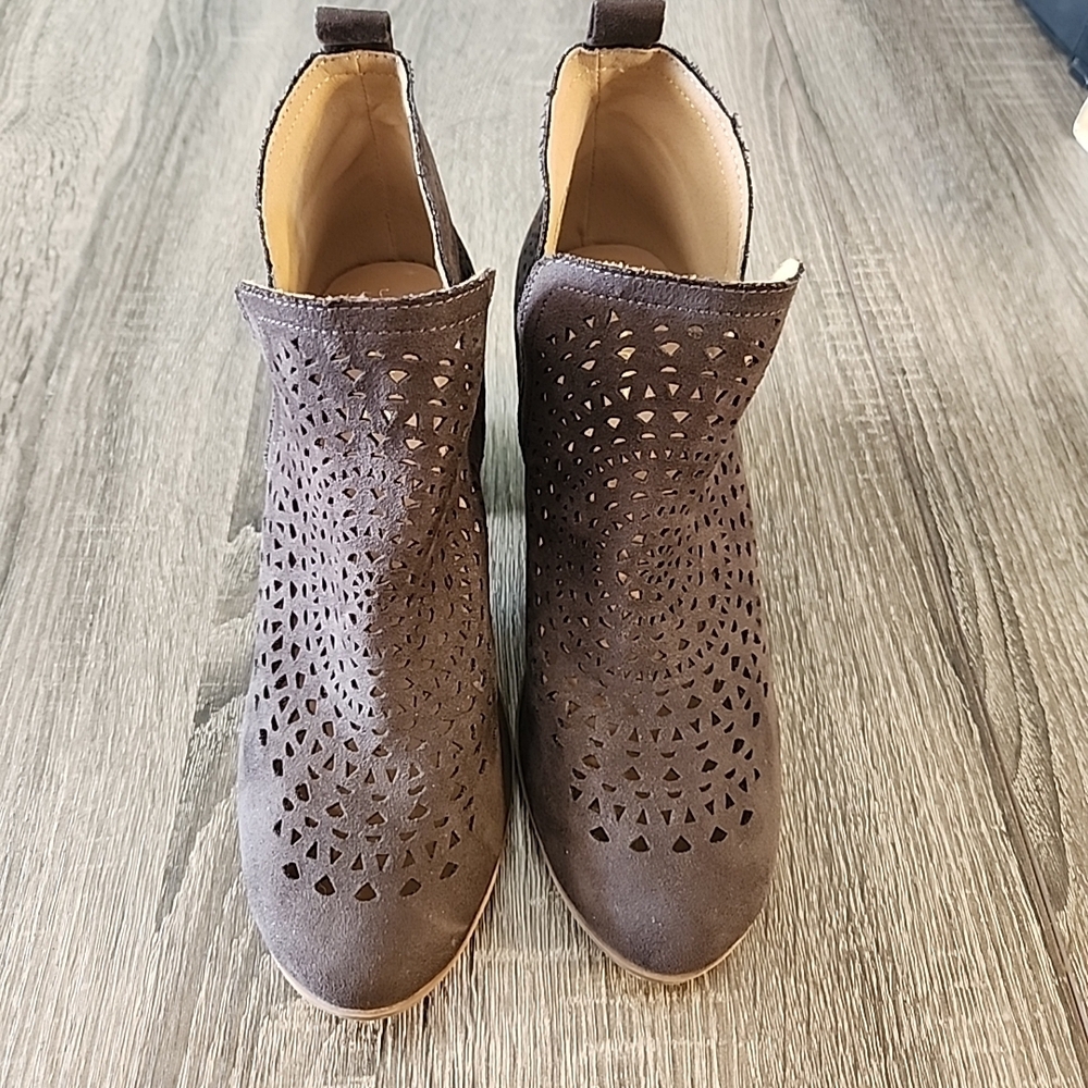 Suede Laser-Cut Ankle Booties - Charcoal